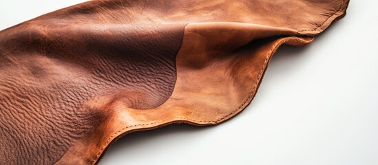 Poster - Richly textured leather cowskin draped elegantly on a white background showcasing its natural patterns and warm hues.