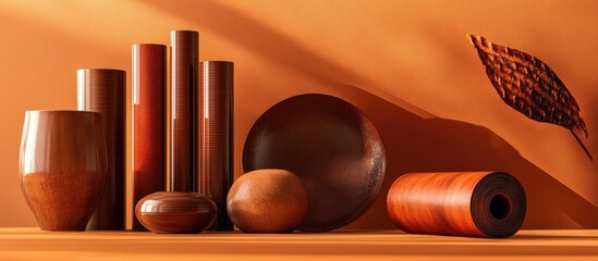 Poster - Natural brown leather rolls and pieces arranged artfully against a warm orange backdrop creating a rich aesthetic display of textures.