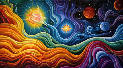 Poster - celestial dance of stars and planets cosmic horizon digital artwork vibrant universe artistic viewpo