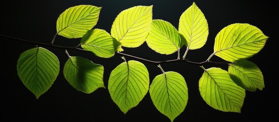 Poster - Bright green leaves illuminated against a dark background creating a striking contrast and highlighting their texture and detail.