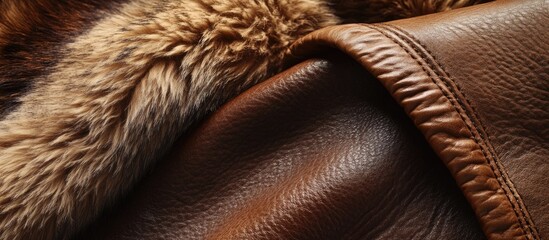 Poster - Leather and fur texture close-up on rich brown background showcasing luxurious materials and craftsmanship in fashion and upholstery design.