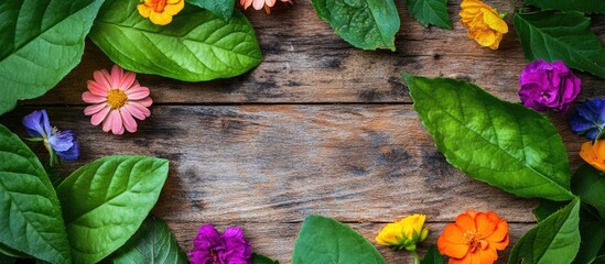 Poster - colorful flowers and green leaves arranged artistically on a rustic wooden background for a natural 