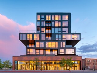 Poster - Sleek Urban Architecture Modern Brick and Glass Facade with Private Balconies Real Estate Marketing and Urban Development for Contemporary City Living