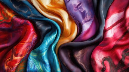 Poster - Colorful Silk Fabric with Intricate Patterns and Flowing Textures, Showcasing Rich Hues of Blue, Red, Gold, and Purple in a Luxurious Arrangement for Textile Lovers