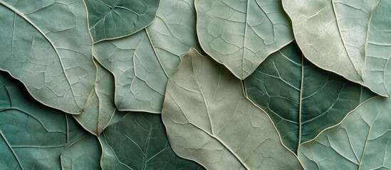 Poster - Natural green leaf texture background for wallpaper or design, featuring overlapping leaves in various shades and intricate vein patterns.