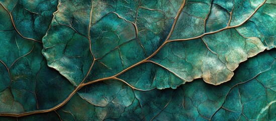 Poster - intricate turquoise leaf pattern with detailed veins creating a natural textured background for desi