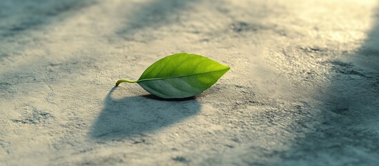 Poster - Green leaf resting on a textured cement floor casting shadows in soft sunlight creating a serene natural ambiance
