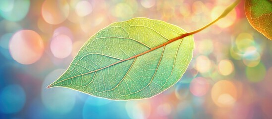 Poster - Leaf with intricate veins featuring a beautiful bokeh background of soft colors creating a dreamy and serene atmosphere.