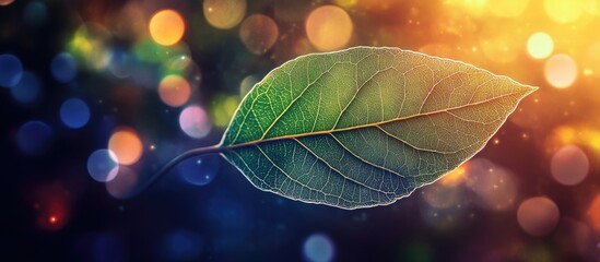 Poster - Vibrant green leaf with bokeh background showcasing a beautiful out-of-focus effect and colorful light orbs.
