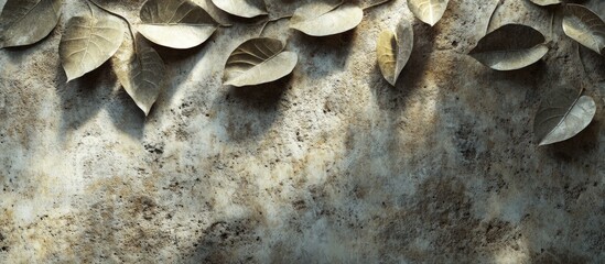 Poster - Leaf Imprint Design on Weathered Concrete Surface with Natural Shadows and Textures