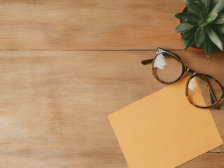 Aufkleber - Minimalist Workspace Design Eyewear with Succulent on Wooden Surface - Contemporary Office Styling and Visual Branding for Creative Workspaces