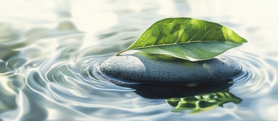 Poster - Serene leaf resting on a smooth stone in calm water reflecting soft light and gentle ripples.