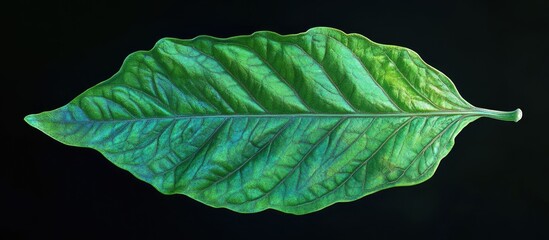 Poster - Macro photograph of a vibrant green leaf showcasing intricate textures and details against a contrasting dark background.