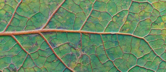 Poster - Detailed close-up of a leaf showcasing its intricate natural vein structure and vibrant green textures in organic patterns.