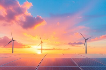 Aufkleber - Contemporary Renewable Energy Aesthetics Sunset View of Solar Panels and Wind Turbines in Rural Landscape - Industrial Eco Design for Sustainable Power Solutions