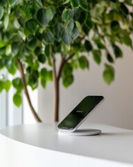 Aufkleber - Minimalist Tech Moment Sleek Smartphone on Contemporary Charging Dock - Business Innovation and Modern Retail Aesthetics with Sustainable Greenery Accents