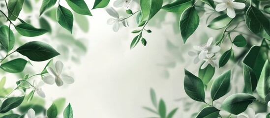 Poster - Floral mockup banner with green leaves and white flowers featuring a natural background ideal for text and creative designs