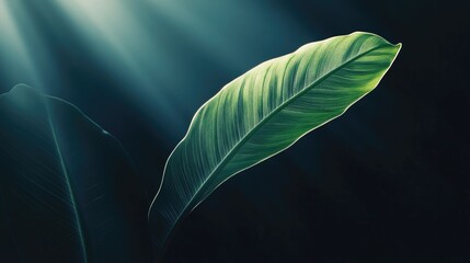 Poster - Sunlit green leaf glowing against a dark background with soft light rays illuminating its textures and details.