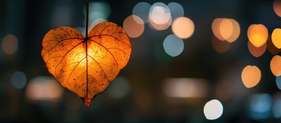 Poster - Heart-shaped leaf illuminated against a blurred night city backdrop with bokeh hearts, perfect for Valentine's Day themes.