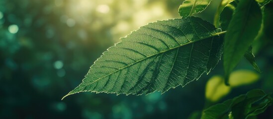 elm tree leaf close-up glistening in sunlight amidst a lush forest background showcasing nature's in