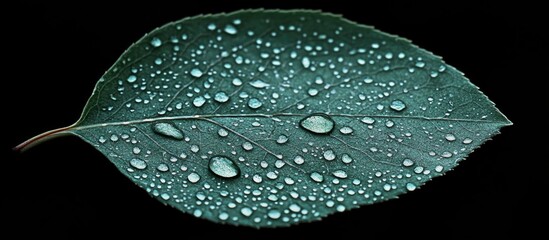 Poster - Green leaf with water droplets on a dark background showcasing natural beauty and freshness in a close-up macro photography style.