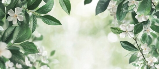 Poster - Floral mockup banner design with green leaves and white flowers providing ample copy space for text on a natural background.