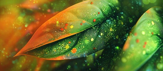 Poster - Colorful macro close-up of vibrant green leaves with abstract textures and hues creating a dynamic natural background.