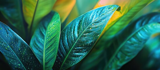 Poster - colorful macro image of lush green tropical leaves with vibrant textures and tones for nature-themed