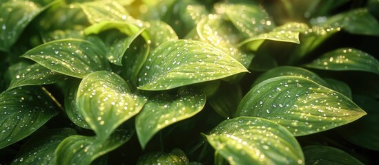 Poster - lush green leaves with dewdrops glistening in sunlight showcasing the beauty of nature and tranquili