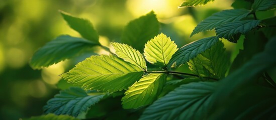 Poster - Vibrant Green Leaves with Sunlight Highlights on a Soft Background in a Natural Setting
