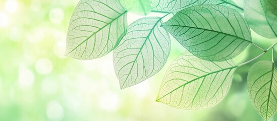 Poster - Delicate green leaf background texture with soft bokeh effect creating a serene natural ambiance for design and nature themes.
