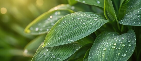 Poster - Lush green leaves with water droplets illuminated by soft light in a serene nature setting emphasizing tranquility and freshness.