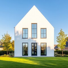 Poster - Symmetrical Modern Home Exterior with Brick and Glass Fusion Real Estate Showcase Highlighting Timeless Design and Landscape Appeal for Contemporary Property Marketing
