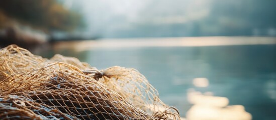 Wall Mural - Fishing nets laying on the shore near a calm water body reflecting morning light with a serene natural background.