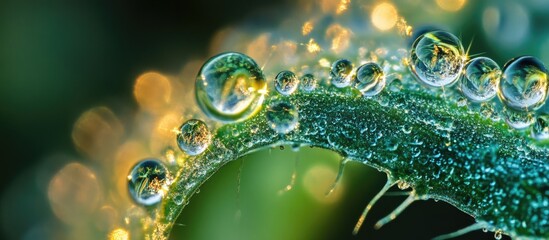 Poster - macro lens close-up of a leaf showcasing dew drops with vibrant bokeh highlights illustrating nature