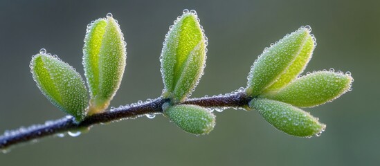 Poster - fresh green leaf buds glistening with dew on a branch against a soft blurred background in a natural