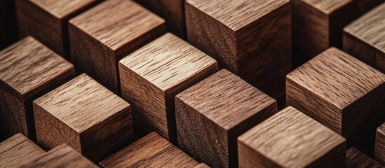Poster - close-up view of layered wooden blocks showcasing rich brown textures and natural patterns ideal for