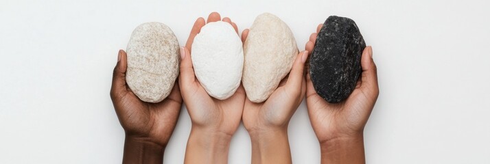 Poster - Diversity in Contemporary Office Design Multi-Ethnic Hands Holding Natural Stones - Business Innovation and Team Unity Visual for Corporate Culture Enrichment