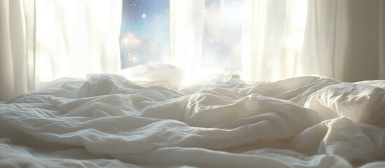 Poster - Serene morning sunlight illuminating a crumpled white hotel bed sheet with soft textures and a dreamy atmosphere through sheer curtains.