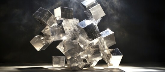 Poster - Abstract composition of layered aluminum foil sheets illuminated by spotlight creating a cool, reflective aesthetic in a dynamic arrangement.