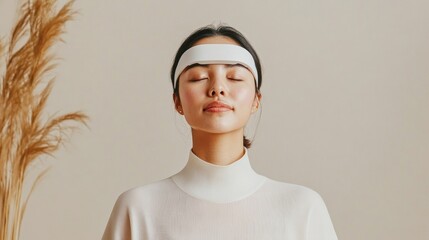 Aufkleber - Minimalist Mindfulness Modern EEG Headband Meditation with Young East Asian Woman in Elegant Fabric - Cognitive Wellness and Tech-Driven Relaxation for Health Industries