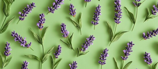 Poster - Lavender flower pattern design on a vibrant green background viewed from above