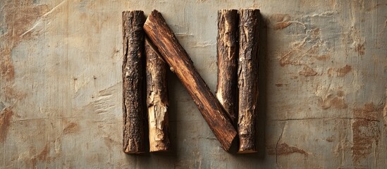 Poster - latin capital letter n created with wooden sticks on a rustic vintage background showcasing texture 