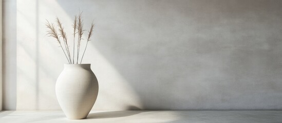 Poster - Elegant minimalist interior featuring a large white vase with dried plants against a simple wall creating ample copy space for design use.