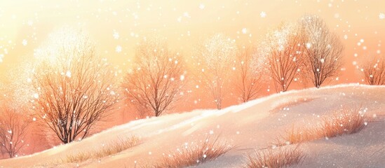 Poster - Winter Landscape with Golden Light and Soft Falling Snow Over Snowy Hills and Bare Trees in a Dreamy Atmosphere