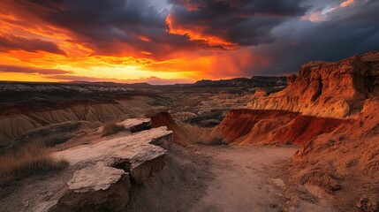 Poster - Breathtaking Sunset Over Rugged Landscape with Dramatic Clouds and Vibrant Colors, Capturing Nature's Beauty in a Desert Canyon at Dusk