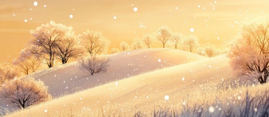 Poster - Winter Landscape Bathed in Golden Light with Snowy Hills and Distant Trees Against a Serene Background