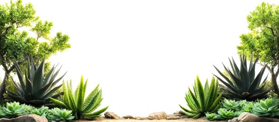 Poster - lush spiky succulents with thick trunks framing a blank space ideal for text or branding application
