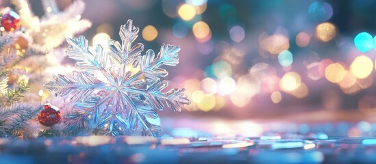 Wall Mural - Large snowflake on a colorful bokeh Christmas background with blurred lights in white blue and yellow tones creating a festive atmosphere