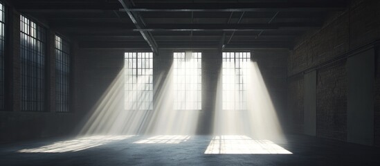 Poster - Spacious industrial loft with dark colors and sunlight streaming through large windows creating an atmospheric interior setting